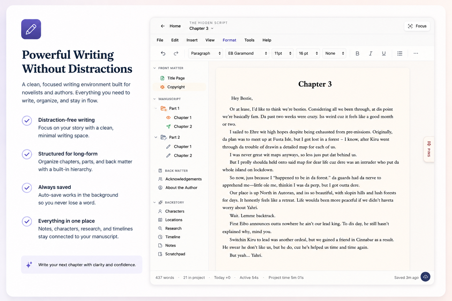 PublishMap focused writing workspace with manuscript outline, chapter editor, and research panels