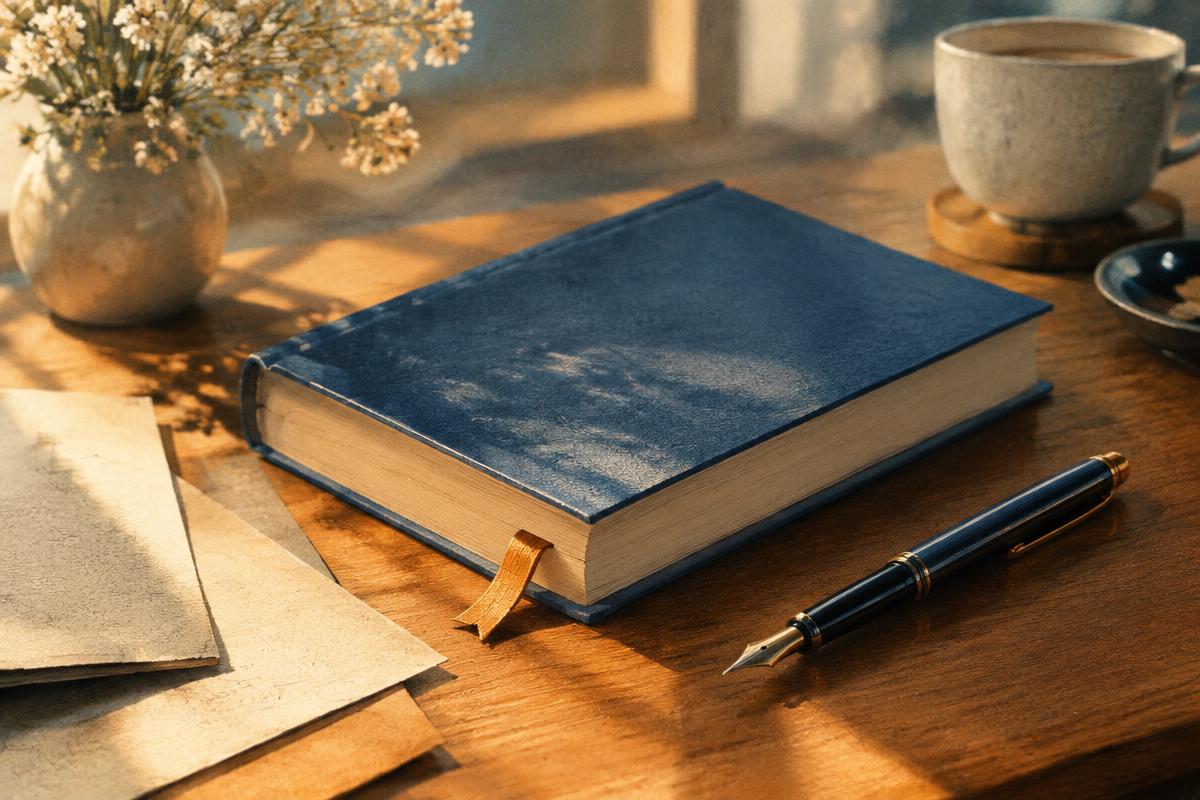 A freshly bound book and fountain pen on a sunlit desk